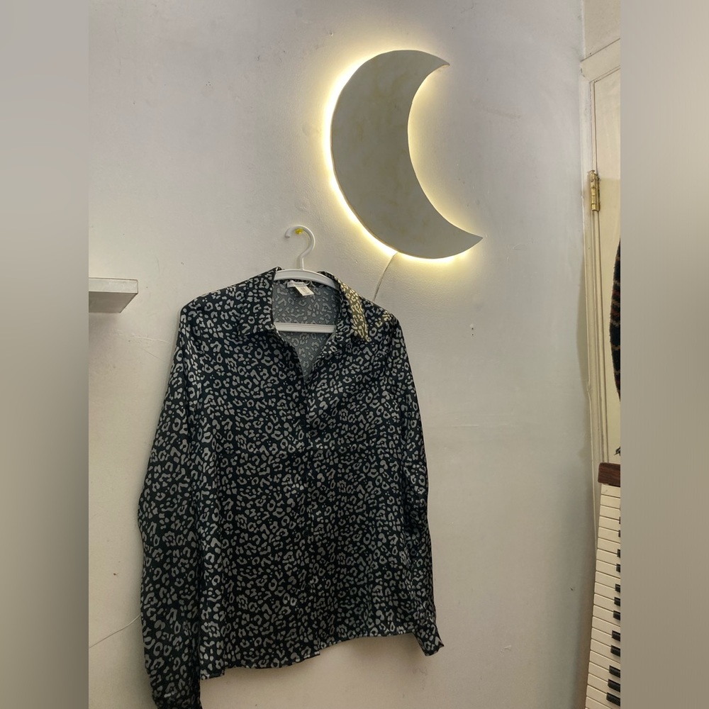 Silky, leopard print faux silk button down shirt, black and gray
